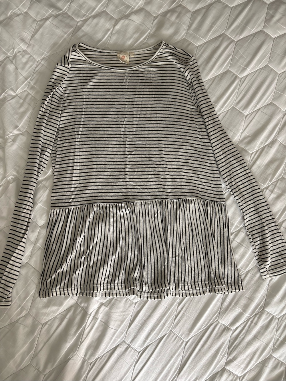 Black and White Striped Long-Sleeve Peplum Blouse
